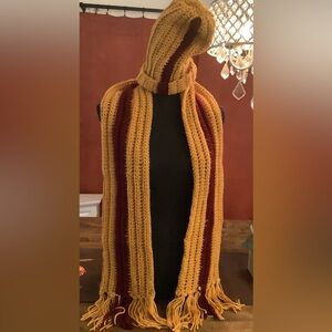 Wine and gold colored crochet hat and scarf set